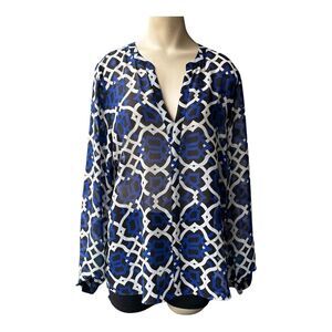 INC Blouse Top‎ Chiffon Blue White Geometric Print Women's Size 12 Long Sleeves